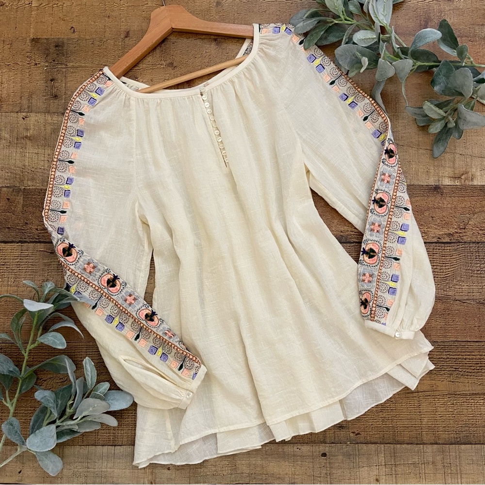 Blouse Tory Burch Boho Gauzy Embroidered Cream Top